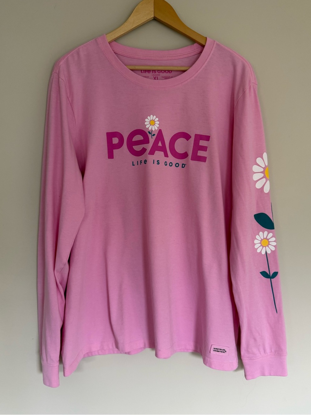 Life Is Good Pink 'Peace' Daisies Long Sleeve Crusher Tee Classic Fit Sz XL
